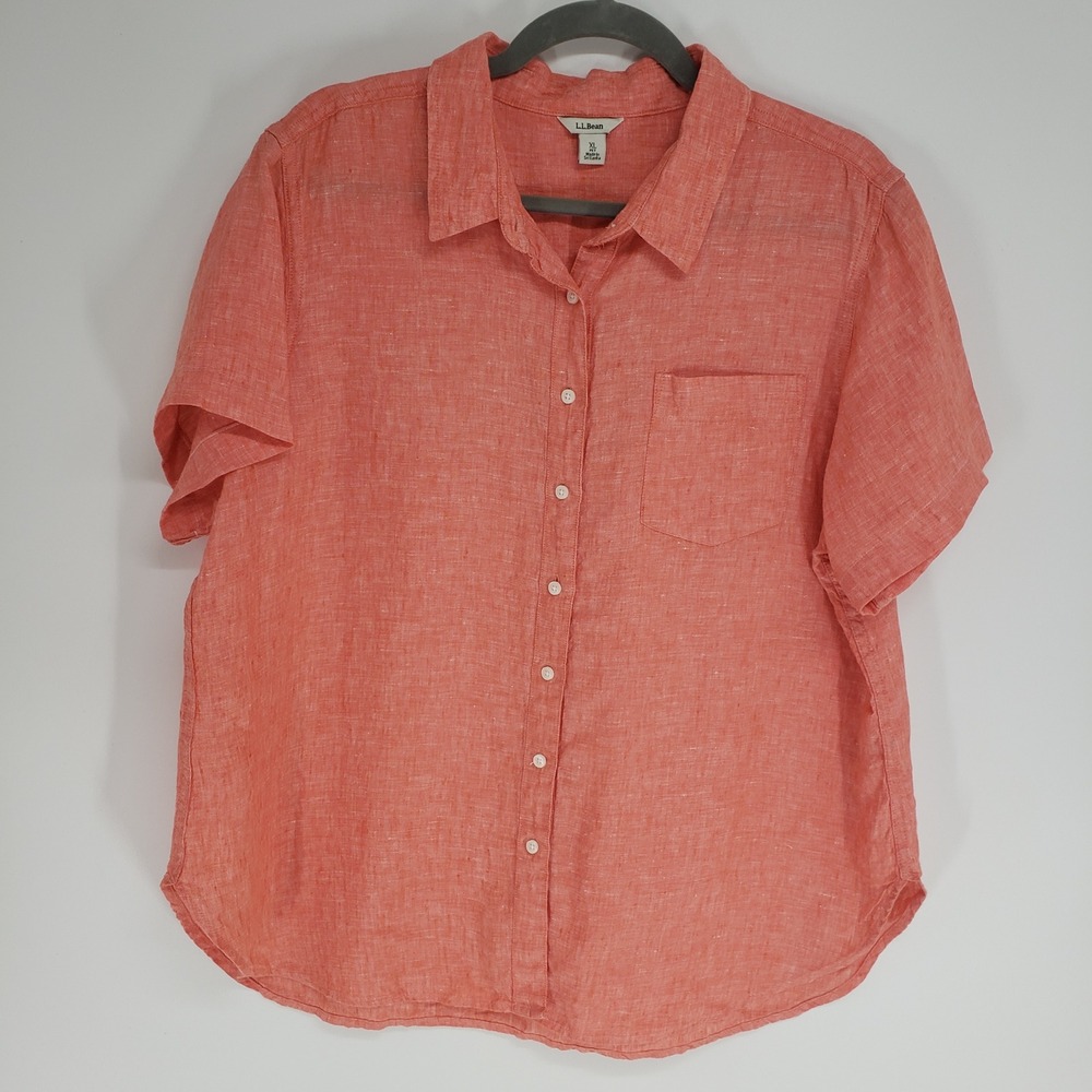 LL Bean 100% Linen Short Sleeve Button Down Shirt Women XLP Coral Coastal Casual